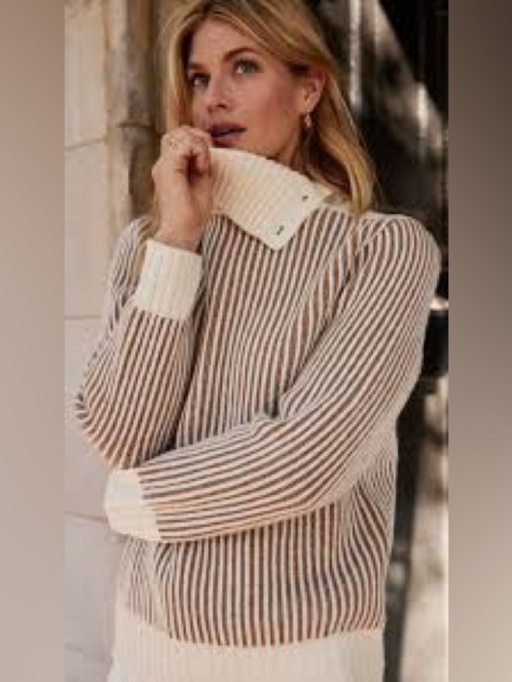 SUMMERSALT Cream & Brown Ribbed Crewneck Sweater with Buttoned Collar